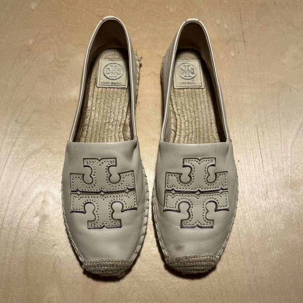 Tory Burch Women's Cream Leather Espadrille Flats Round Toe Slip-On Logo US 9